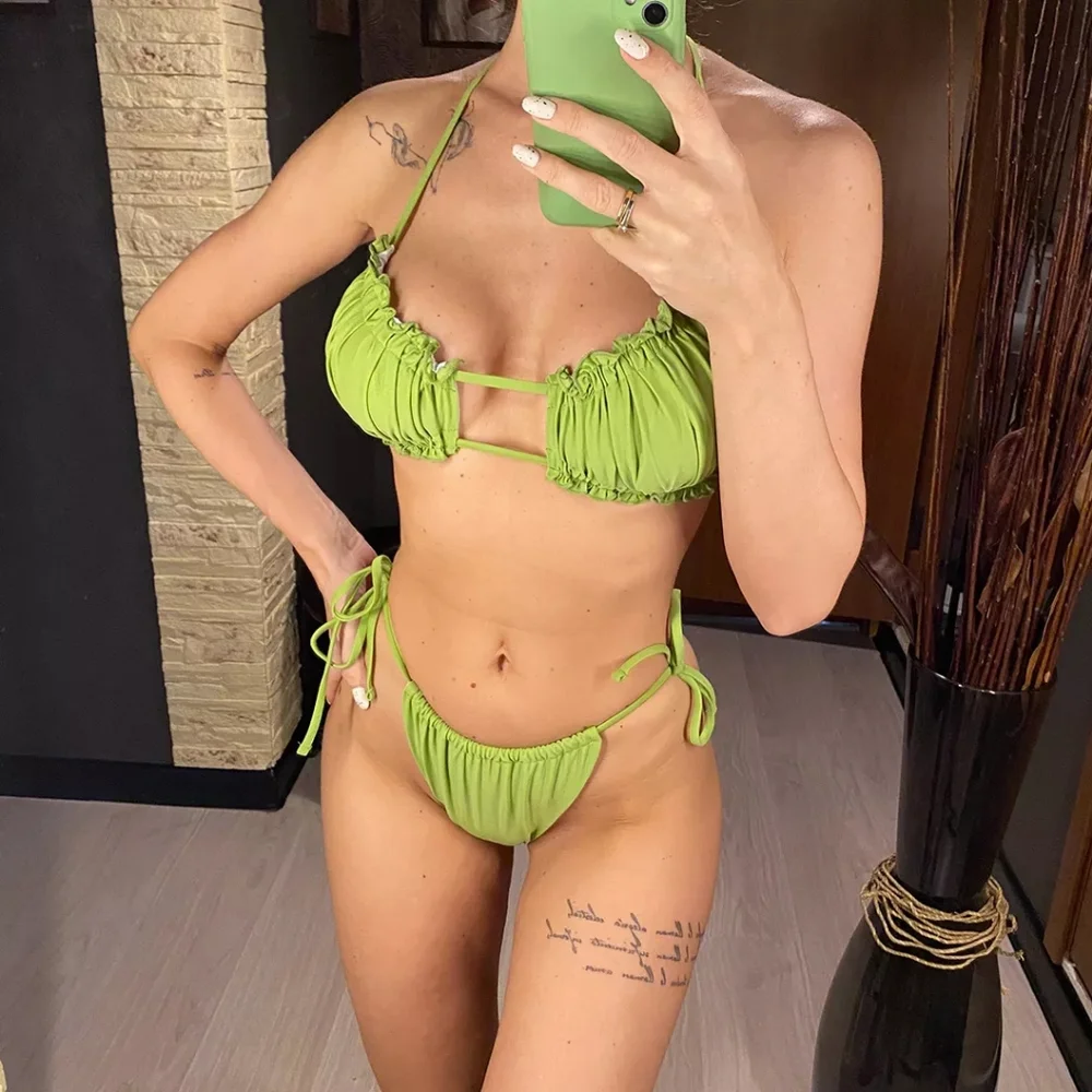 Olive Green Ruched Top and Brazilian Bottom Bikini Set - Picture 2 of 8